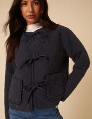 Navy Tie-Front Quilted Jacket