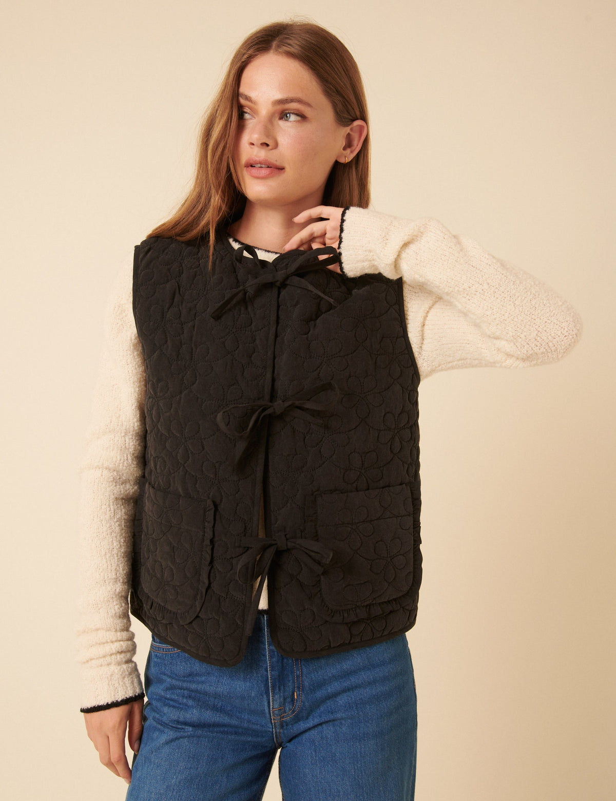 Black Tie Front Quilted Gilet