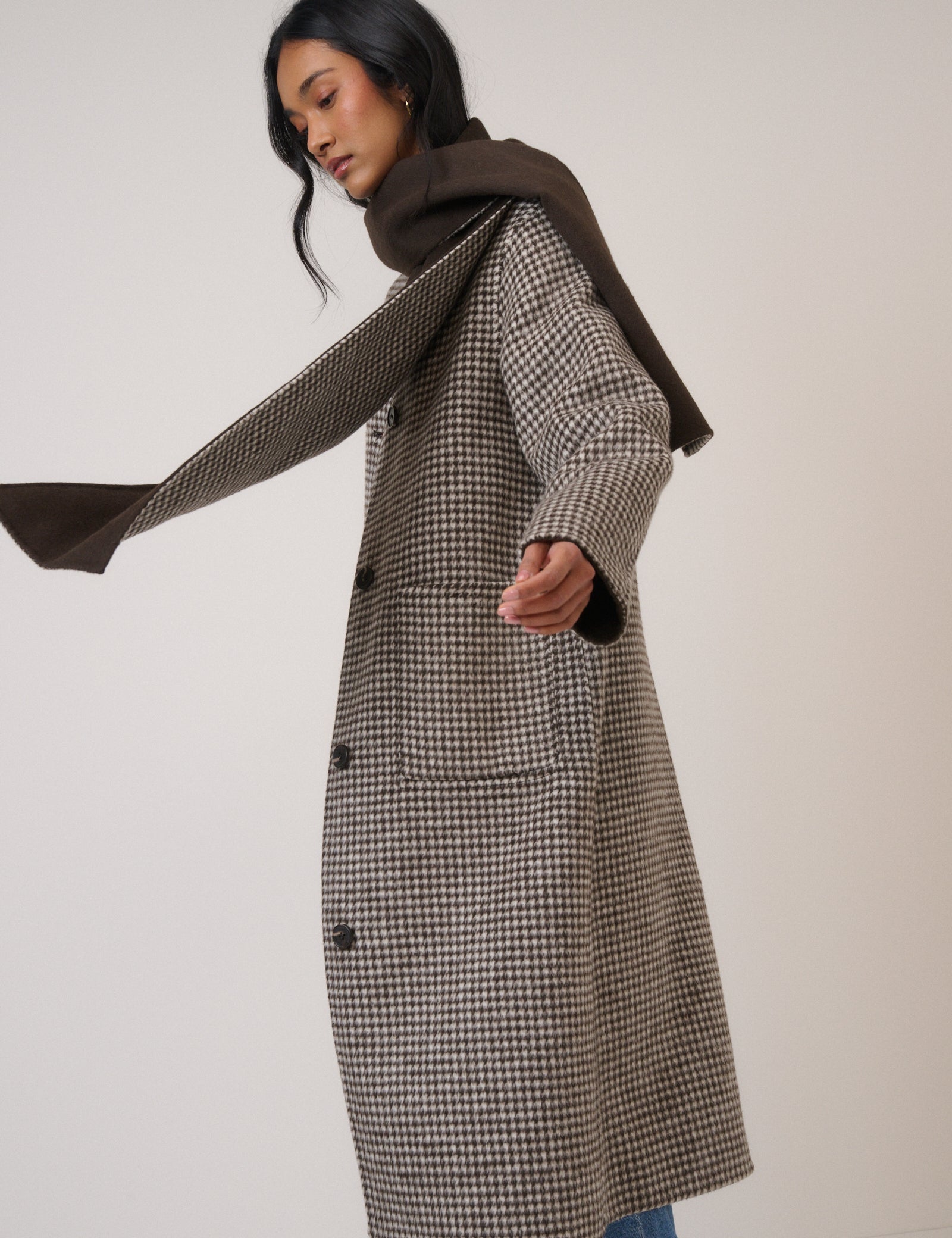 Brown Houndstooth Reversible Scarf Coat