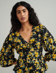 Black Floral V-Neck Blouse