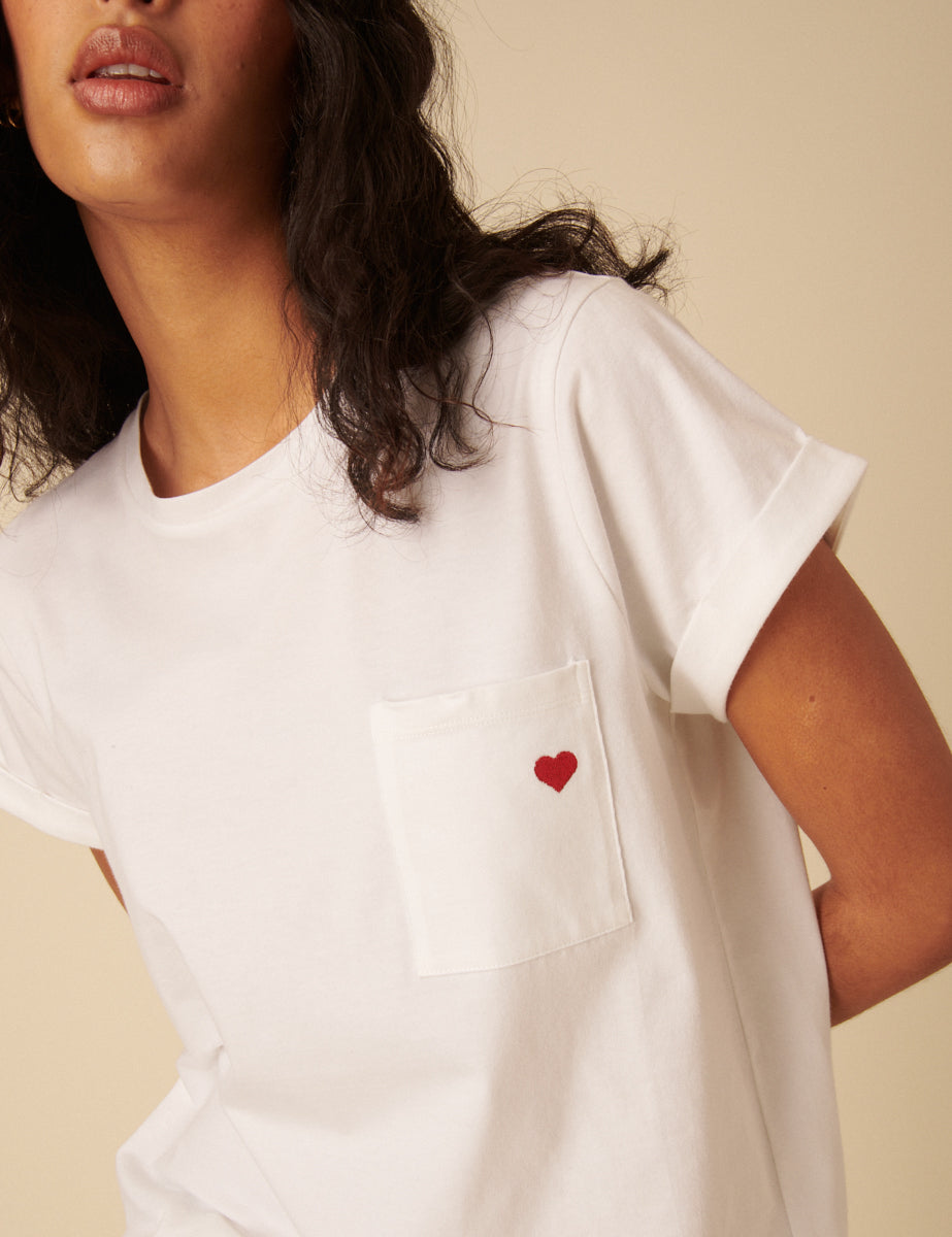 White Embroidered Heart T-Shirt