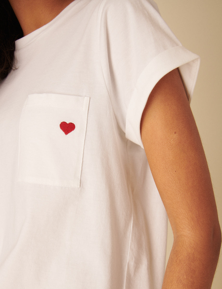 White Embroidered Heart T-Shirt
