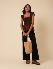 Black Ditsy Floral Shirred Top