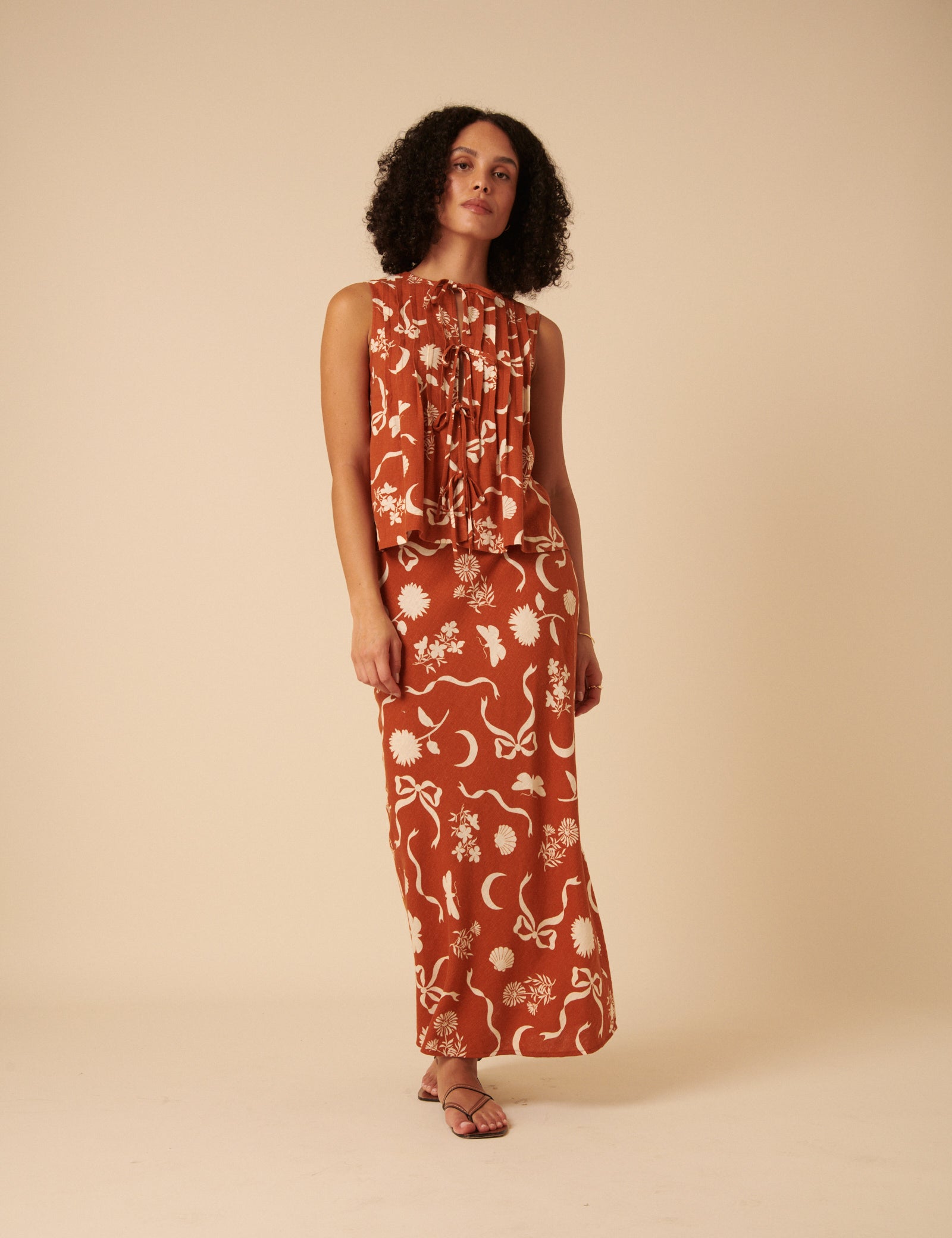 Brown Printed Linen-blend Pleated Top