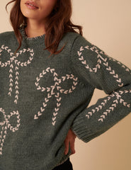 Grey Bow Embroidered Knitted Jumper