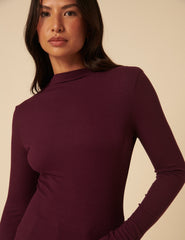 Burgundy Ribbed High Neck Long Sleeve Top