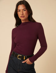 Burgundy Ribbed High Neck Long Sleeve Top