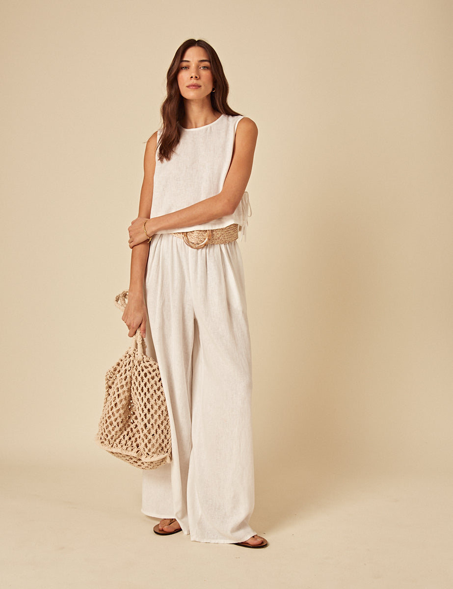 White Linen-blend Swing Top