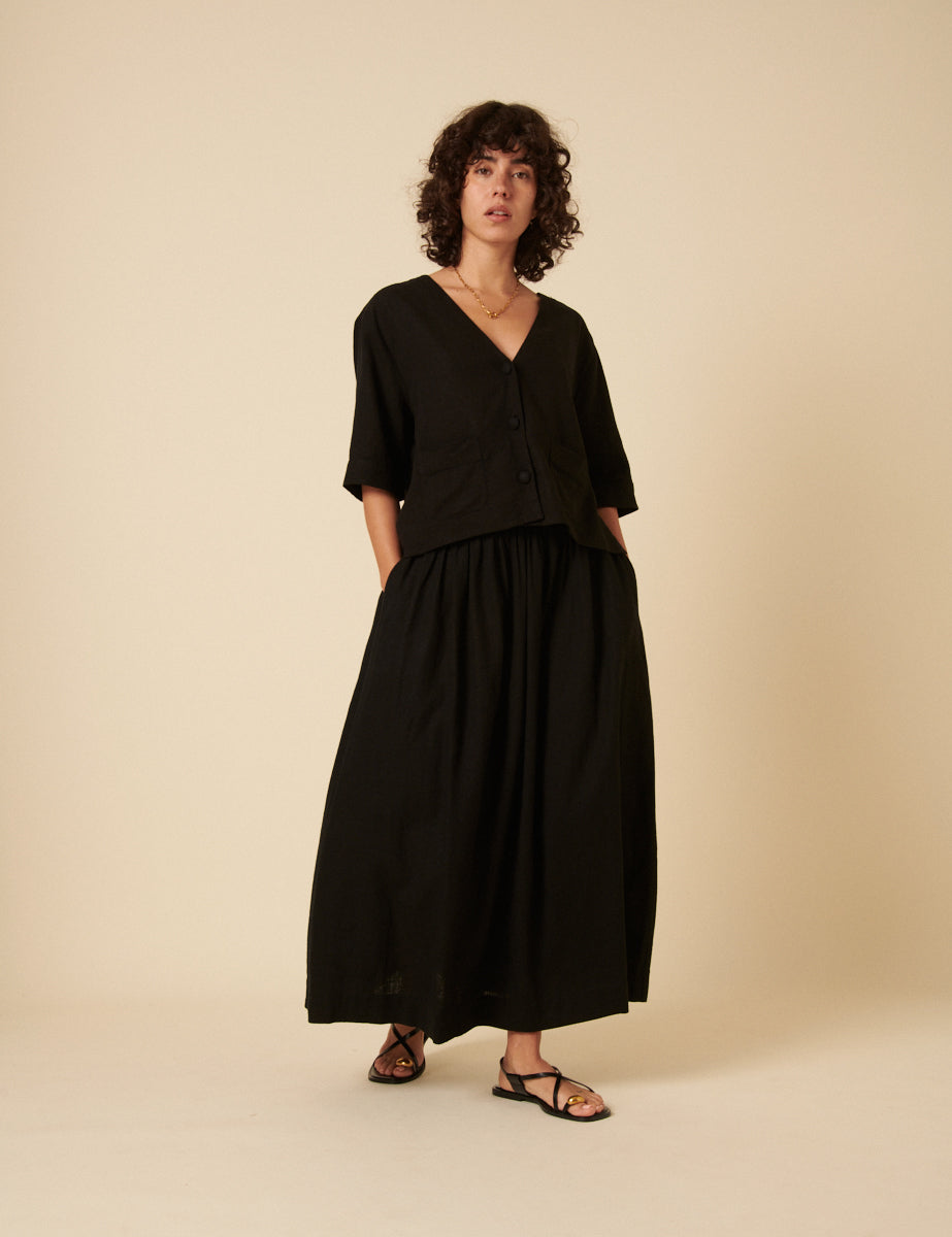 Black Linen-blend V-Neck Shirt