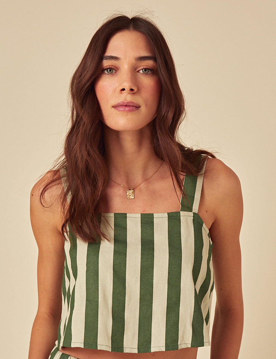 Green Striped Linen-blend Swing Top