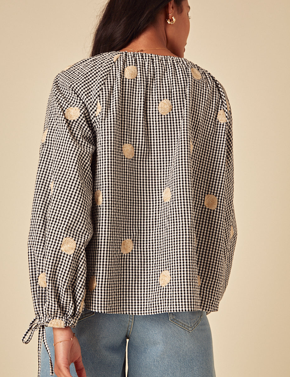Elizabeth Scarlett Black Gingham Shell Embroidered Poet Blouse