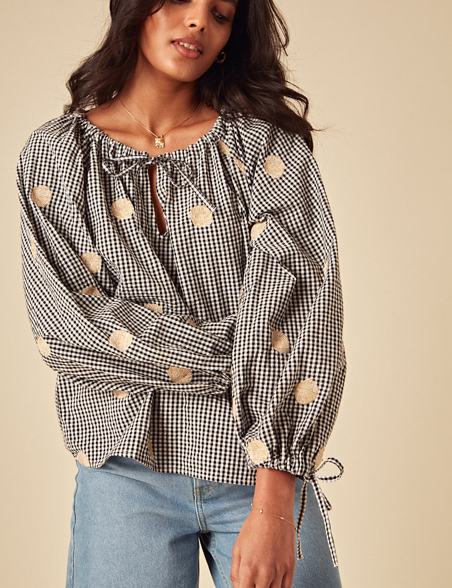 Elizabeth Scarlett Black Gingham Shell Embroidered Poet Blouse