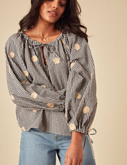 Elizabeth Scarlett Black Gingham Shell Embroidered Poet Blouse