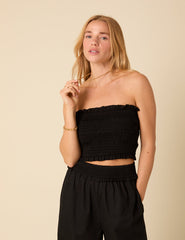 Black Shirred Bandeau Top