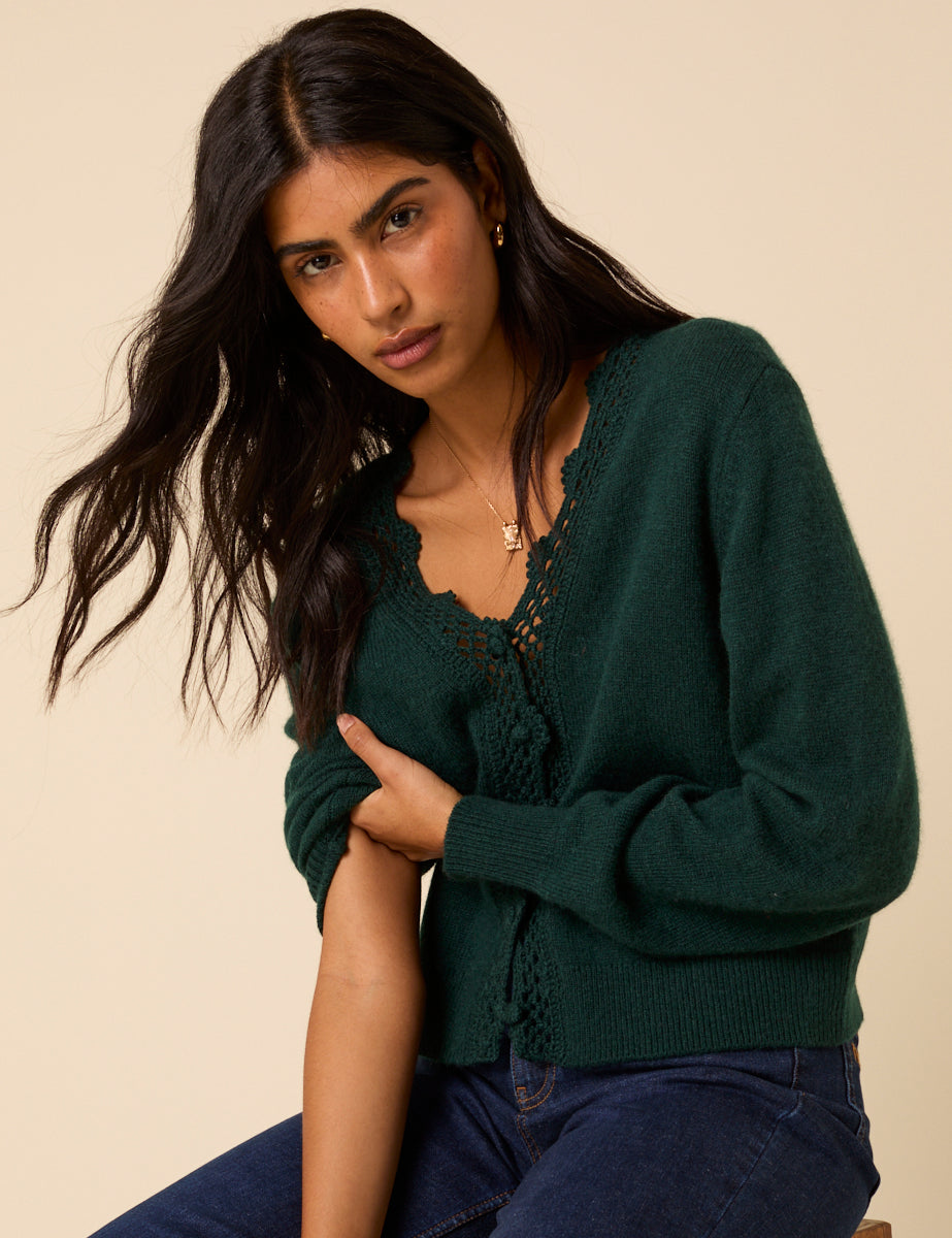 Dark Green Crochet Trim V-Neck Cardigan