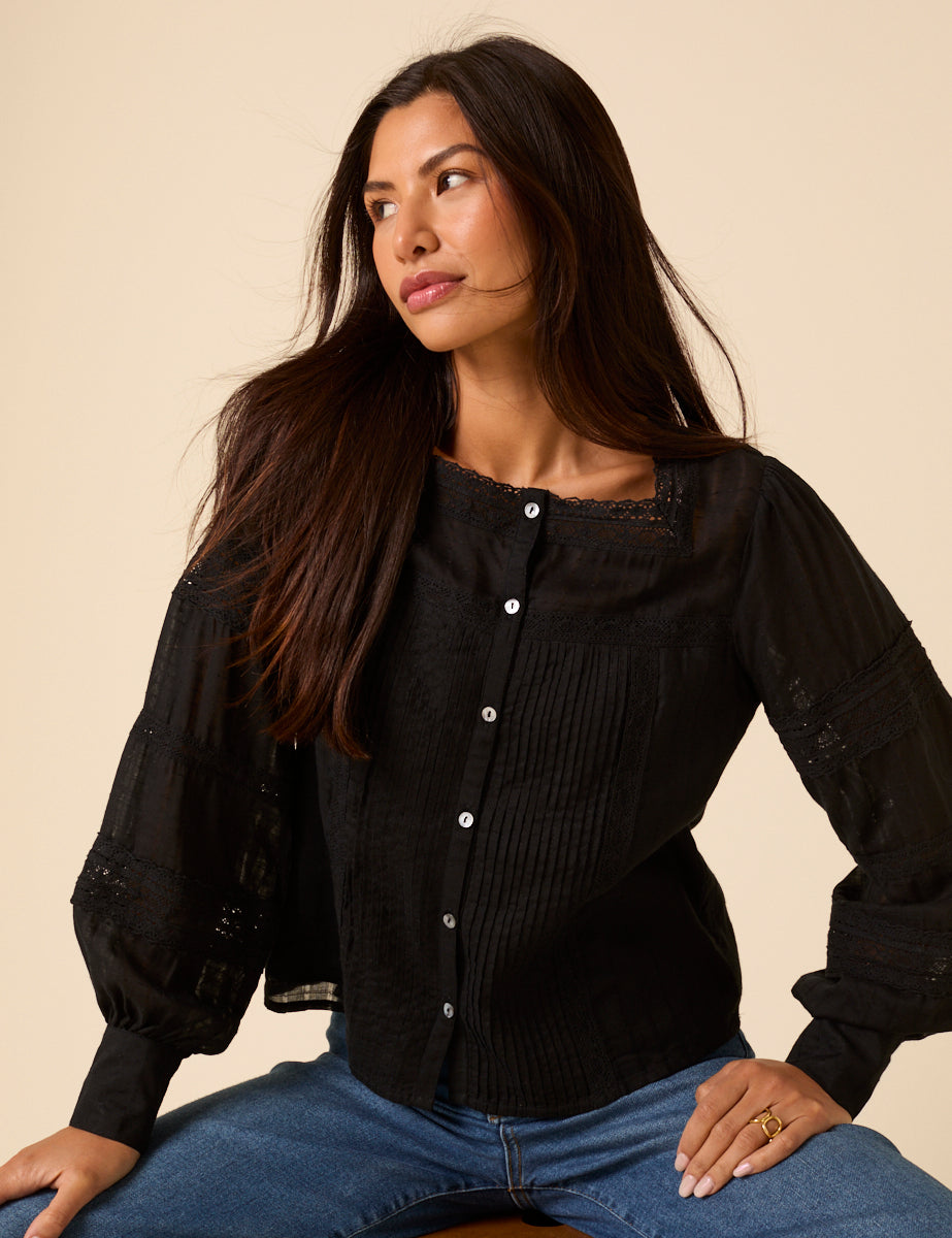Black Long Sleeve Lace Trim Blouse