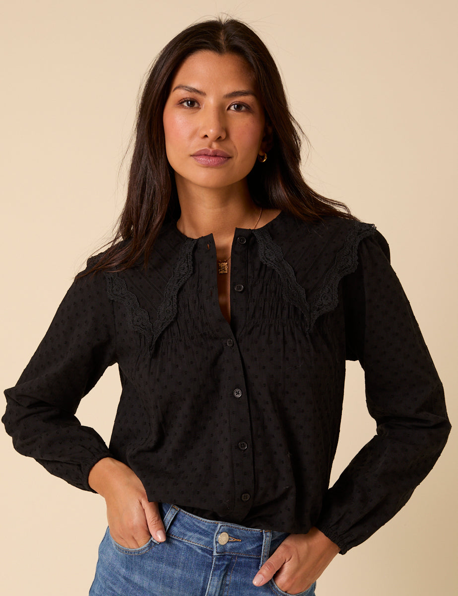 Black Embroidered Peter Pan Collar Blouse
