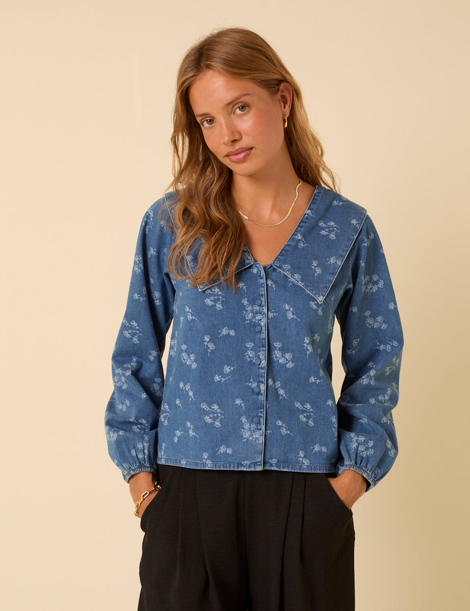 Denim Long Sleeve Floral Printed Blouse