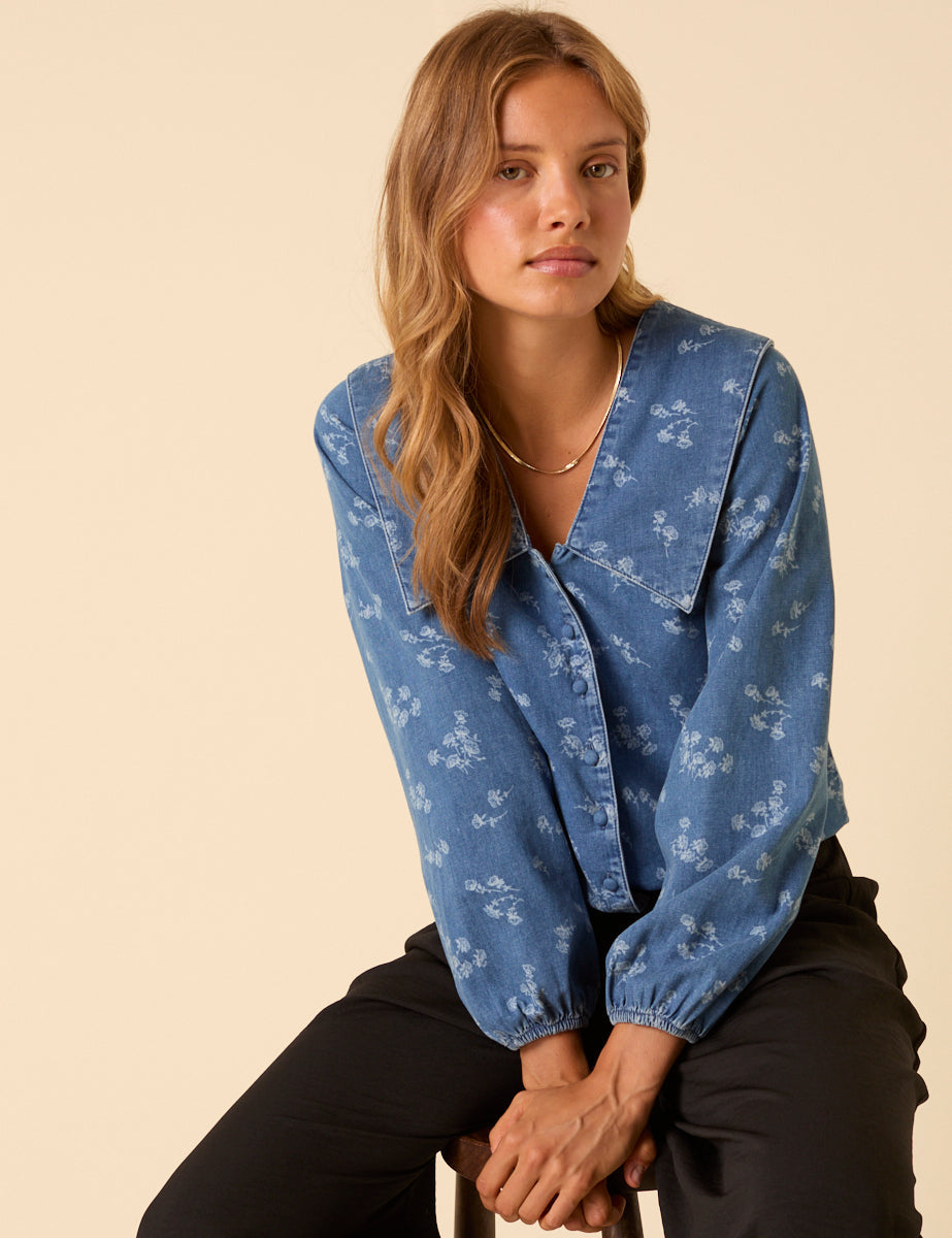 Denim Long Sleeve Floral Printed Blouse