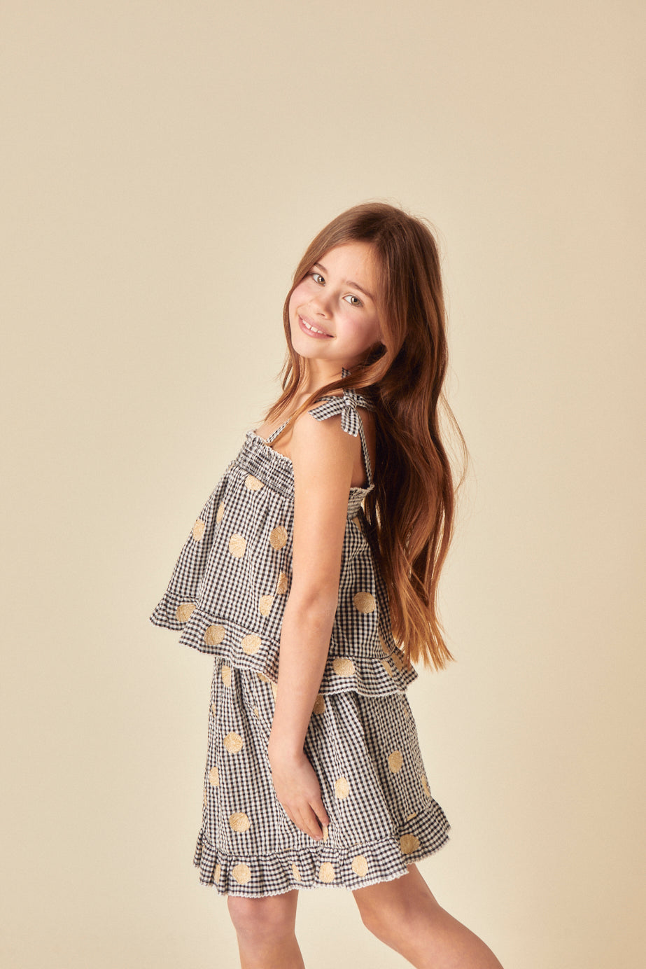 Elizabeth Scarlett Girls Black Gingham Shell Embroidered Top