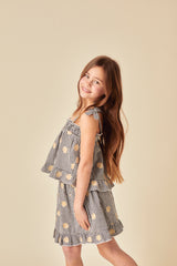 Elizabeth Scarlett Girls Black Gingham Shell Embroidered Top