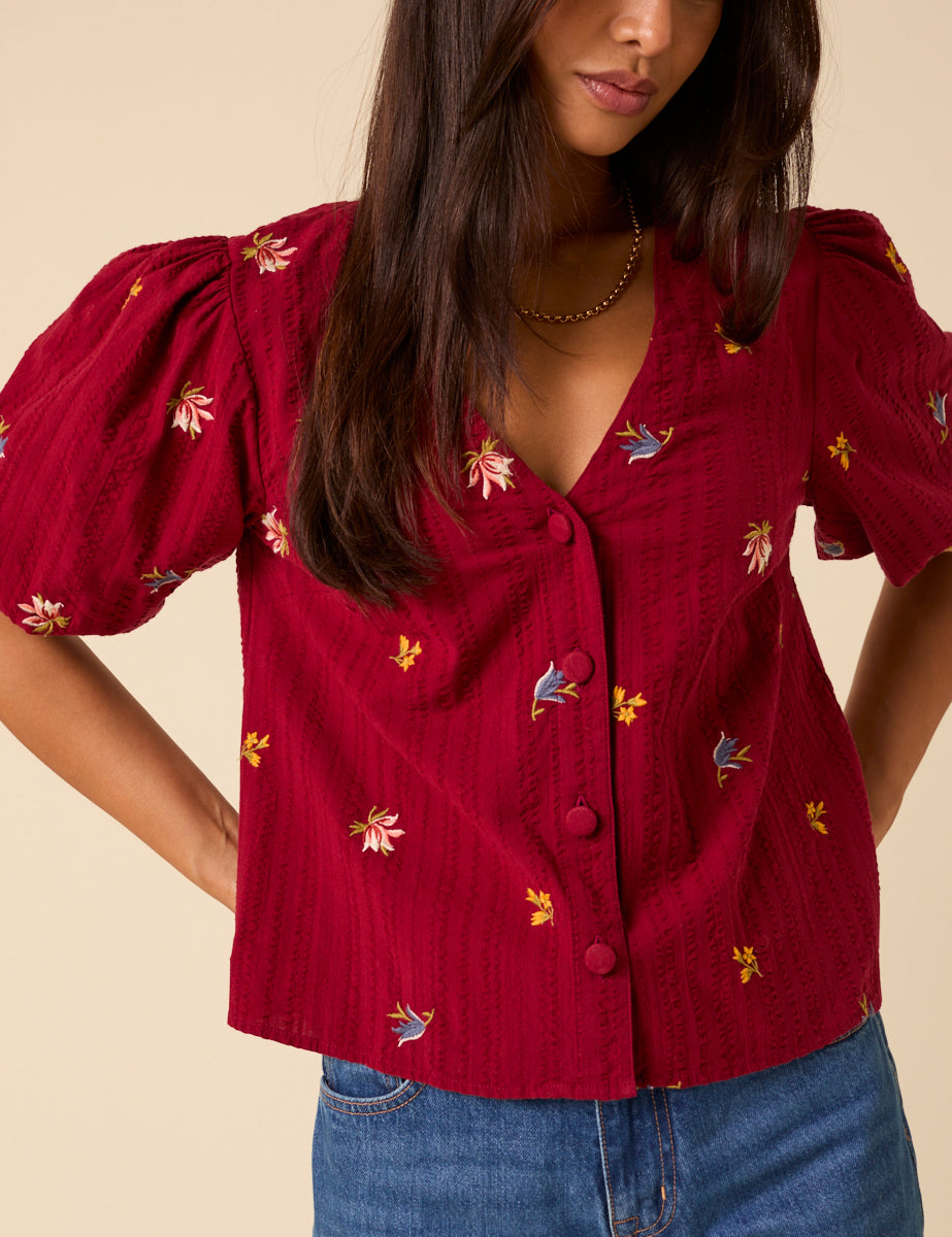 Red Puff Sleeve Embroidered Blouse