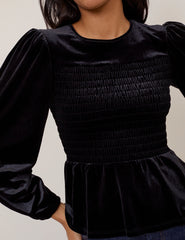 Black Velvet Shirred Balloon Sleeve Top
