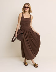 Brown Ruched Jersey Sleeveless Natalie Midi Dress